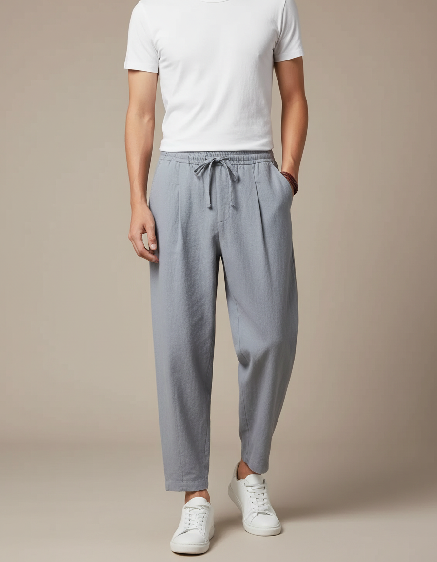Pantalon Chinois Coton Lin Ample Droit Gris