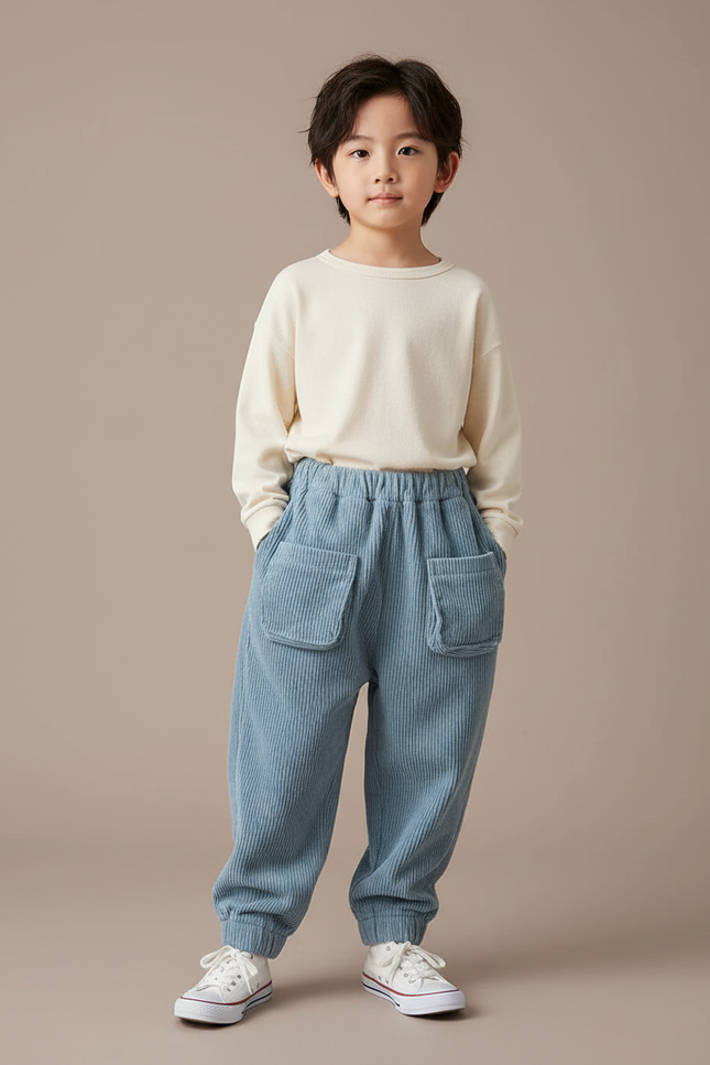 Pantalon Chinois Bleu Côtelé Ample Poches Enfant - Cordé