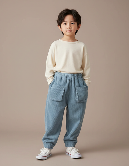 Pantalon Chinois Bleu Côtelé Ample Poches Enfant - Cordé