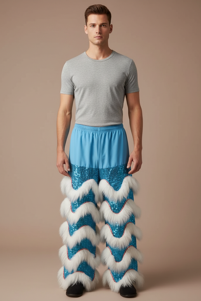 Pantalon Chinois Bleu Pailleté Blanc Fourrure Scène - Polyester