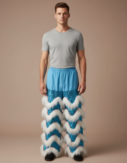Pantalon Chinois Bleu Pailleté Blanc Fourrure Scène - Polyester
