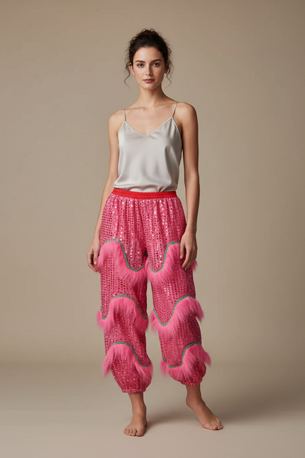 Pantalon Chinois Rose Pailleté Fluide Fourrure Fantaisie - Polyester
