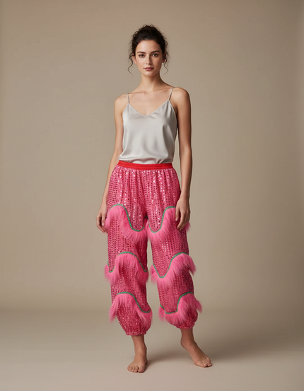 Pantalon Chinois Rose Pailleté Fluide Fourrure Fantaisie - Polyester