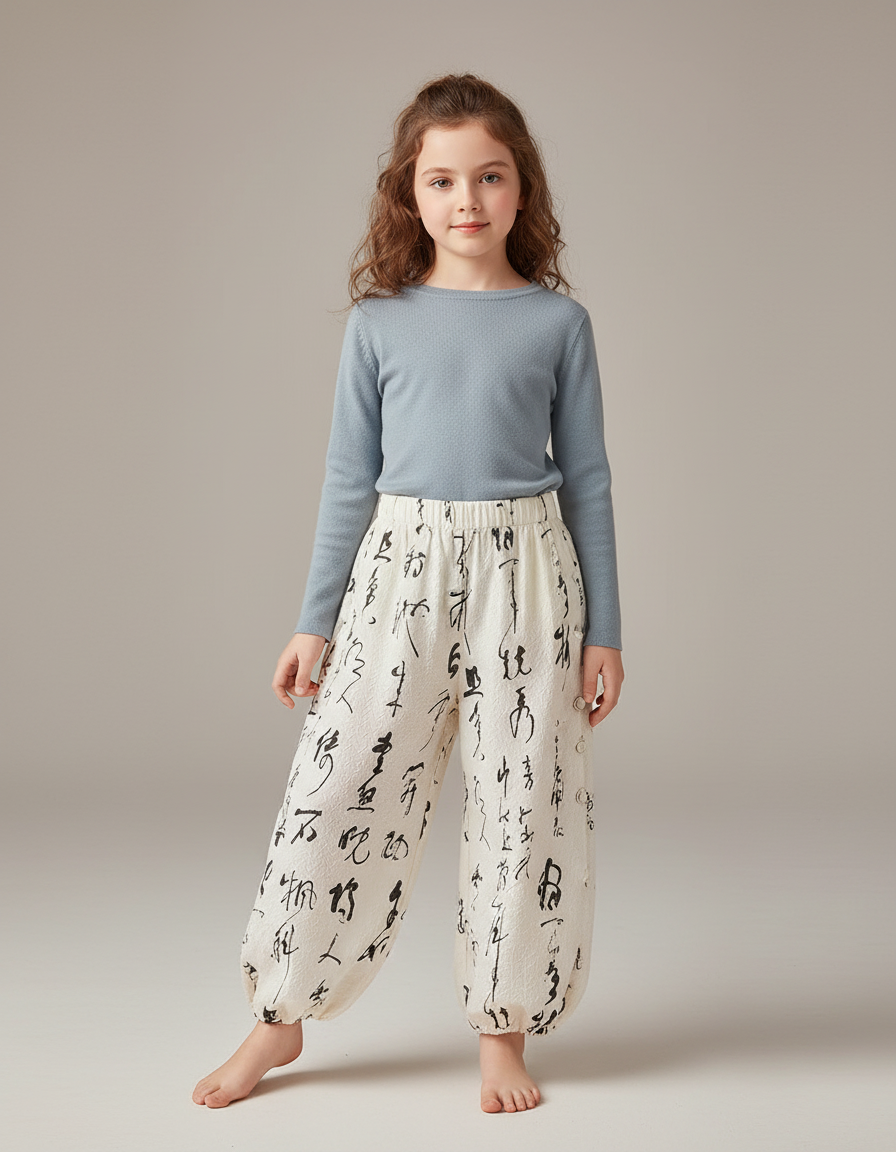 Pantalon Chinois Crème Ample Calligraphie Fille Coton Doux - Beige