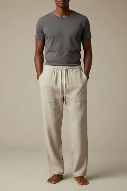 Pantalon Chinois Beige Coton Lin Ample Cordon