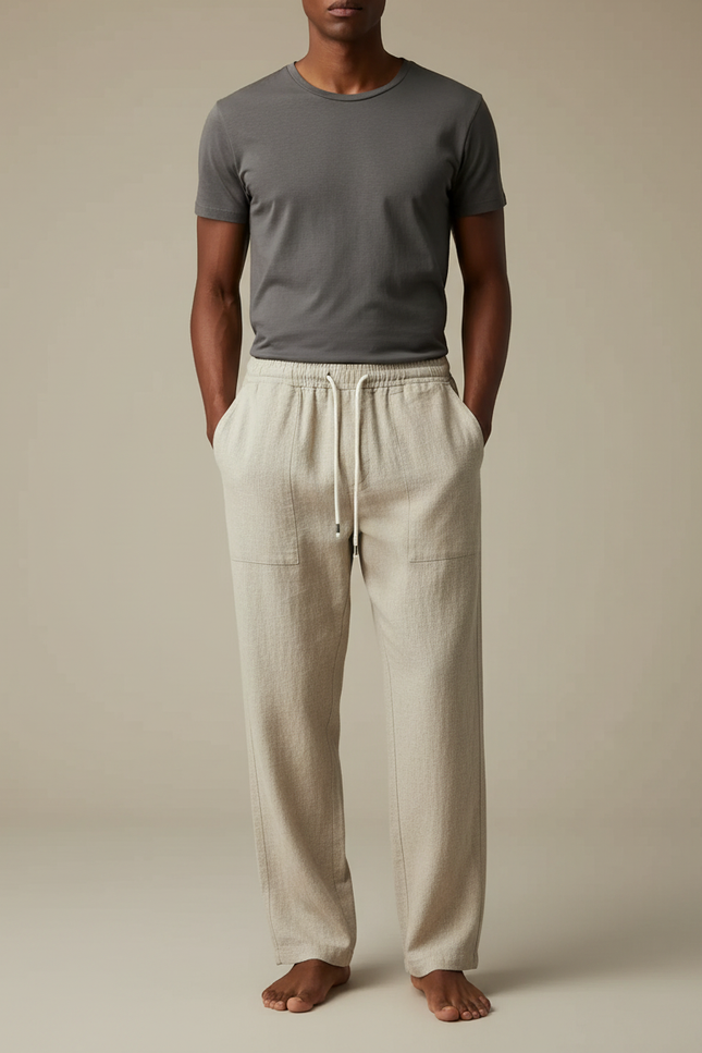 Pantalon Chinois Beige Coton Lin Ample Cordon