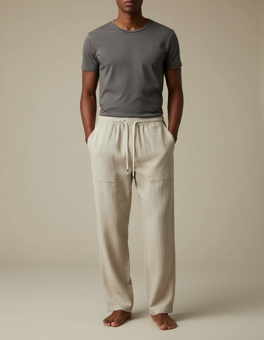 Pantalon Chinois Beige Coton Lin Ample Cordon
