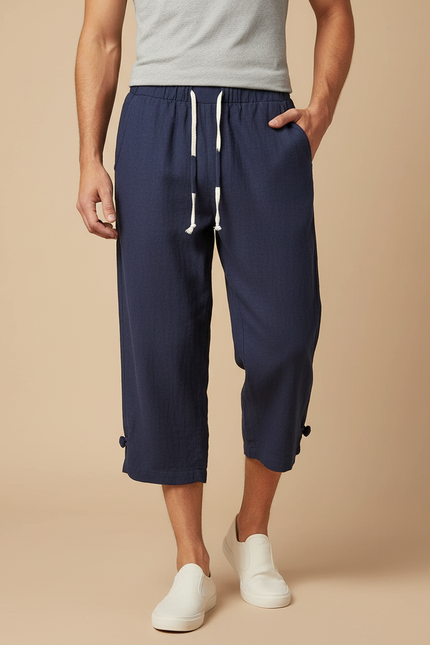 Pantalon Chinois Bleu Marine Lin Ample Décontracté Homme