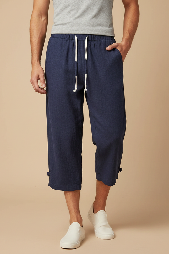 Pantalon Chinois Bleu Marine Lin Ample Décontracté Homme