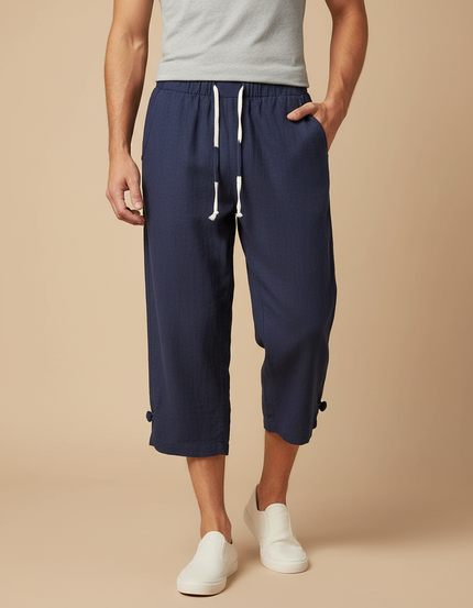 Pantalon Chinois Bleu Marine Lin Ample Décontracté Homme