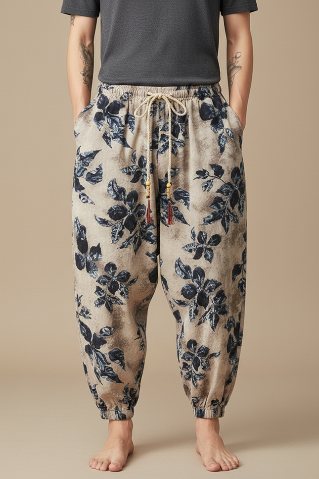Pantalon Chinois Imprimé Floral Ample Coton Lin Beige