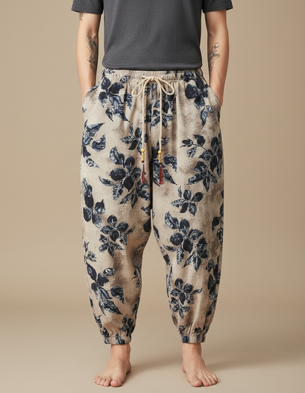 Pantalon Chinois Imprimé Floral Ample Coton Lin Beige