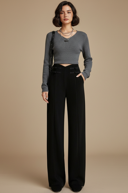 Pantalon Chinois Noir Ample Taille Haute Boutons Femme - Gabardine