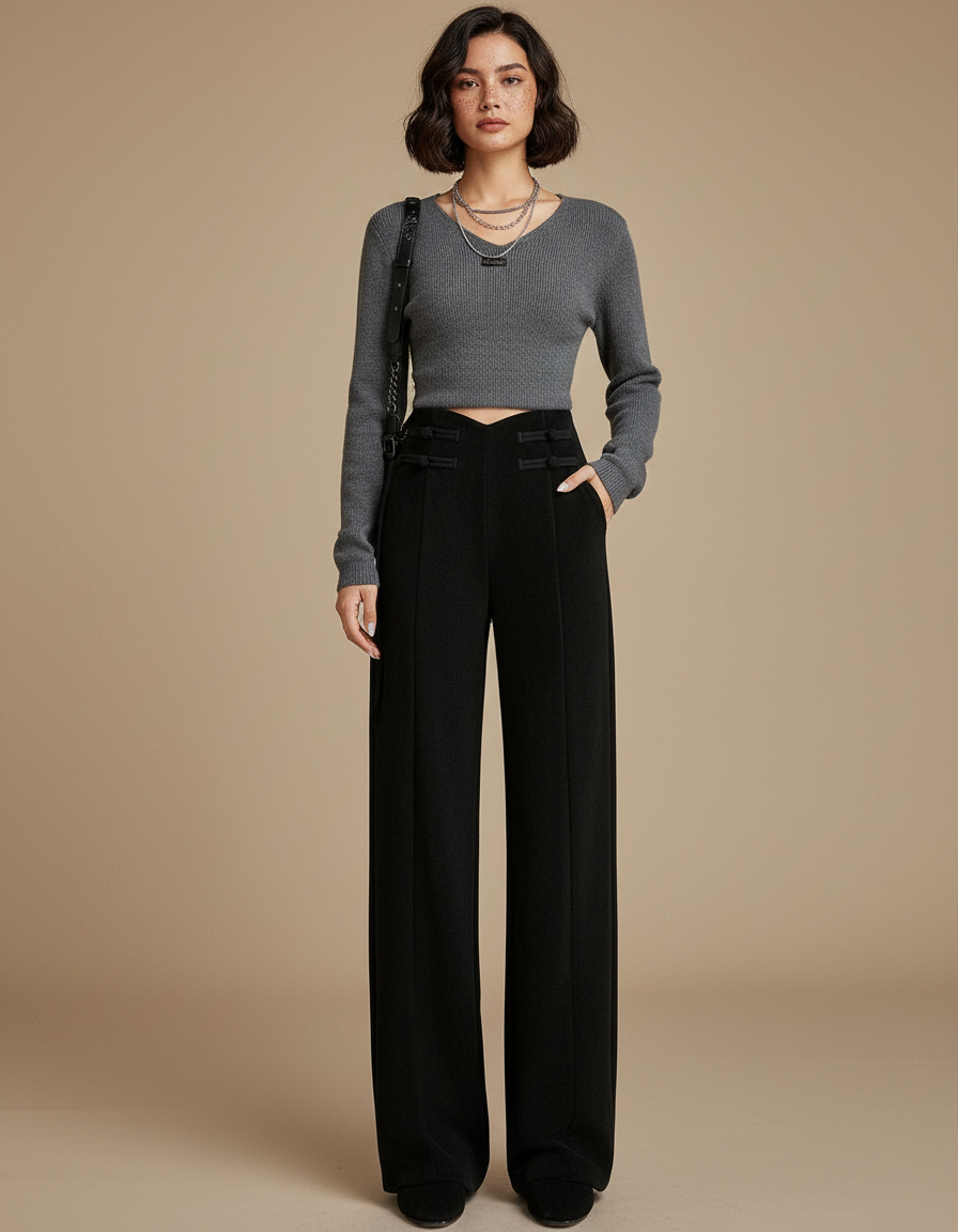 Pantalon Chinois Noir Ample Taille Haute Boutons Femme - Gabardine