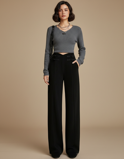 Pantalon Chinois Noir Ample Taille Haute Boutons Femme - Gabardine