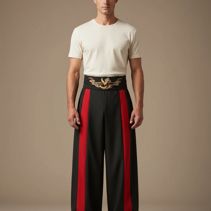 Pantalon Chinois Noir Rouge Ample Brodé Dragon - Gabardine