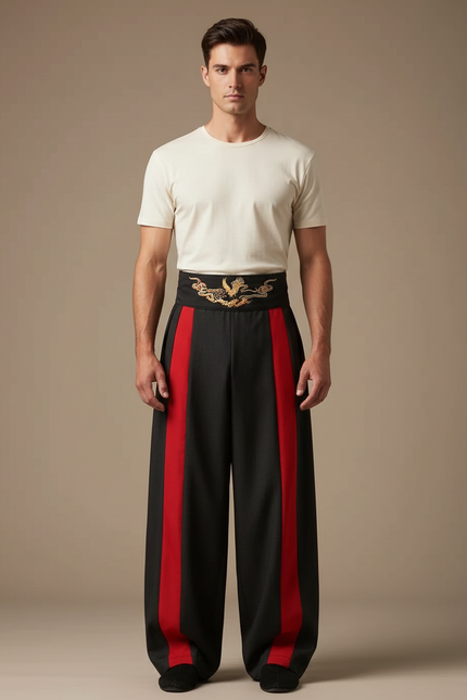 Pantalon Chinois Noir Rouge Ample Brodé Dragon - Gabardine