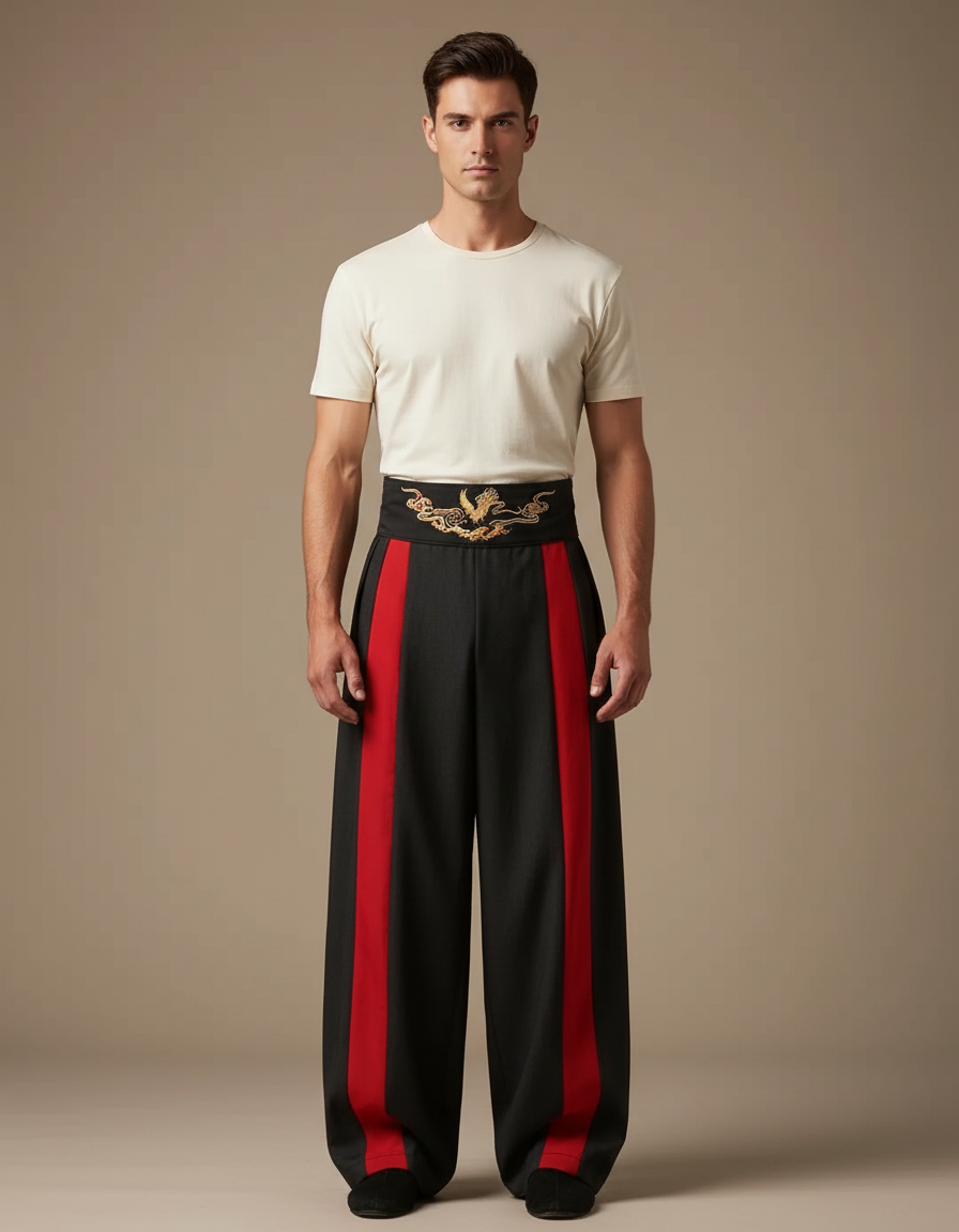 Pantalon Chinois Noir Rouge Ample Brodé Dragon - Gabardine