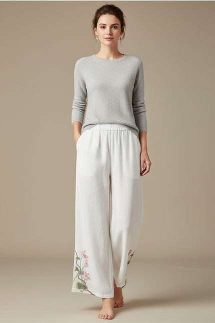 Pantalon Chinois Blanc Brodé Floral Ample Fluide Femme - Lin