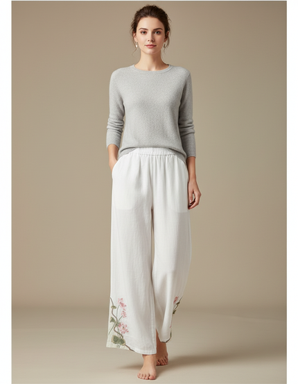 Pantalon Chinois Blanc Brodé Floral Ample Fluide Femme - Lin
