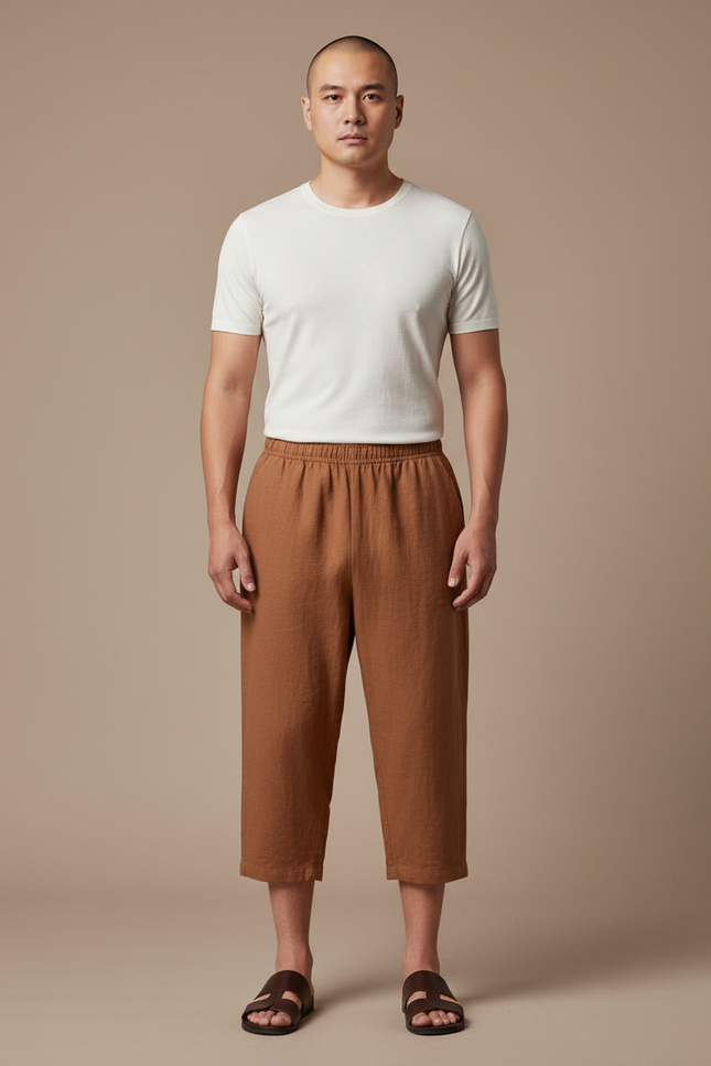 Pantalon Chinois Marron Ample Lin Décontracté Homme