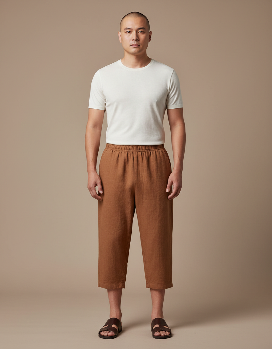 Pantalon Chinois Marron Ample Lin Décontracté Homme