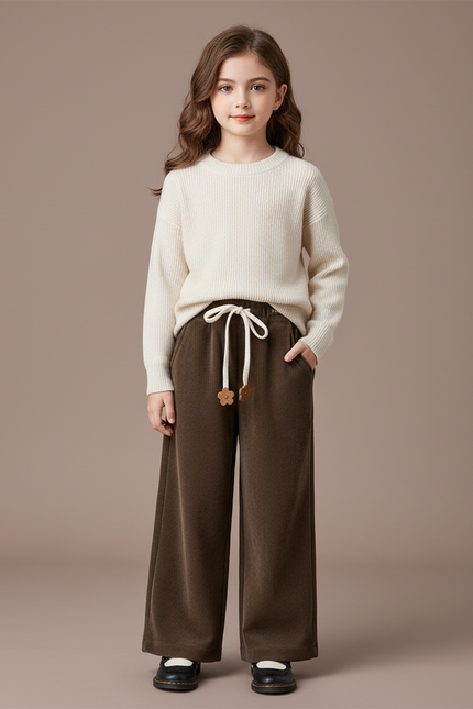Pantalon Chinois Marron Côtelé Ample Décontracté Fille - Cordé