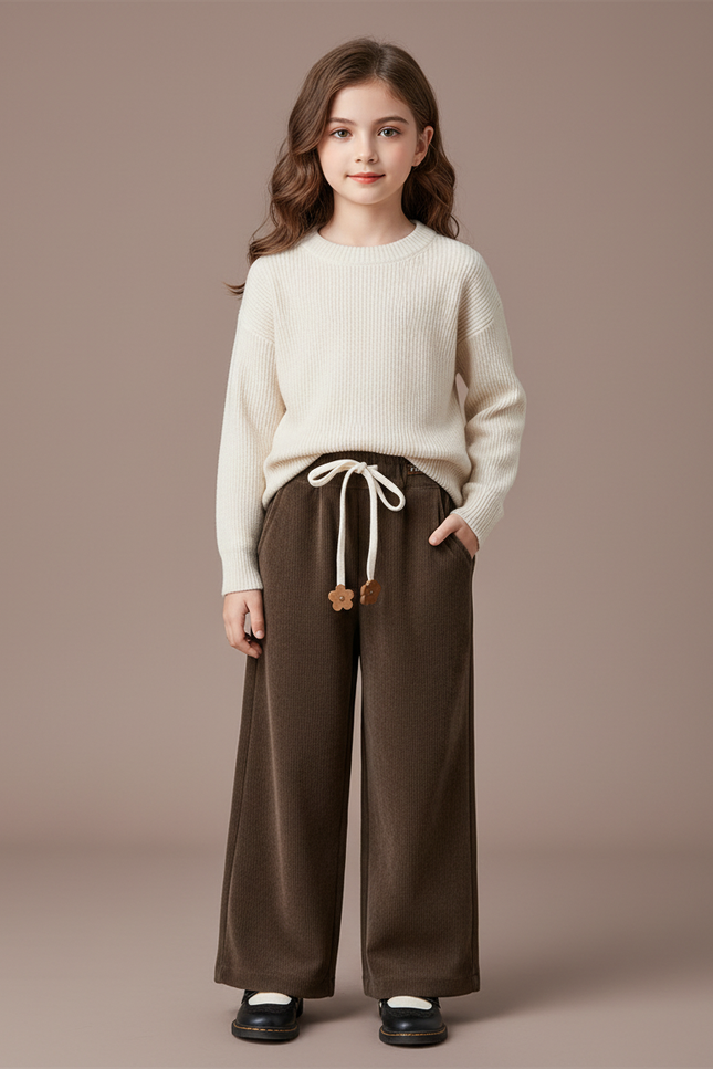 Pantalon Chinois Marron Côtelé Ample Décontracté Fille - Cordé