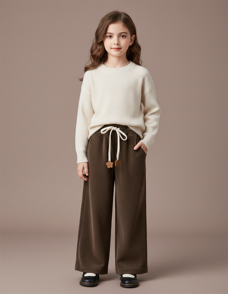 Pantalon Chinois Marron Côtelé Ample Décontracté Fille - Cordé