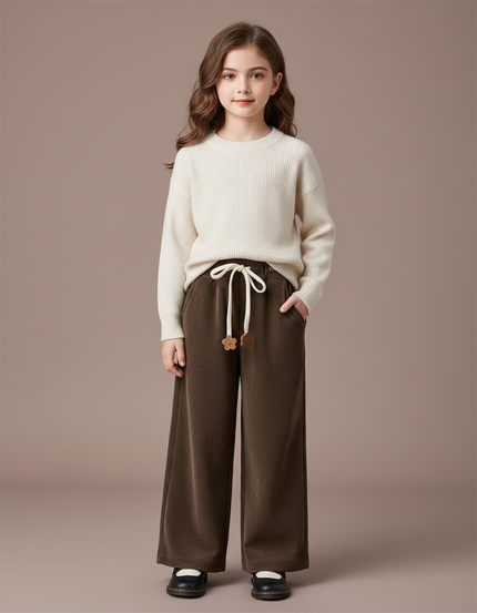 Pantalon Chinois Marron Côtelé Ample Décontracté Fille - Cordé