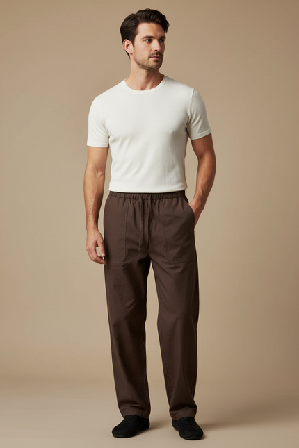 Pantalon Chinois Marron Coton Ample Décontracté Homme