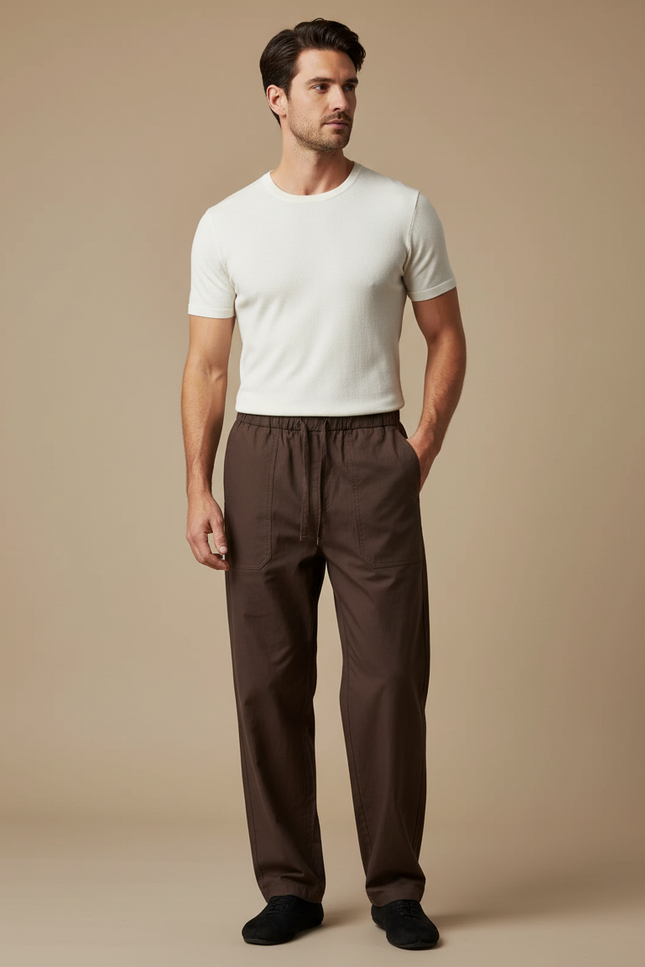 Pantalon Chinois Marron Coton Ample Décontracté Homme