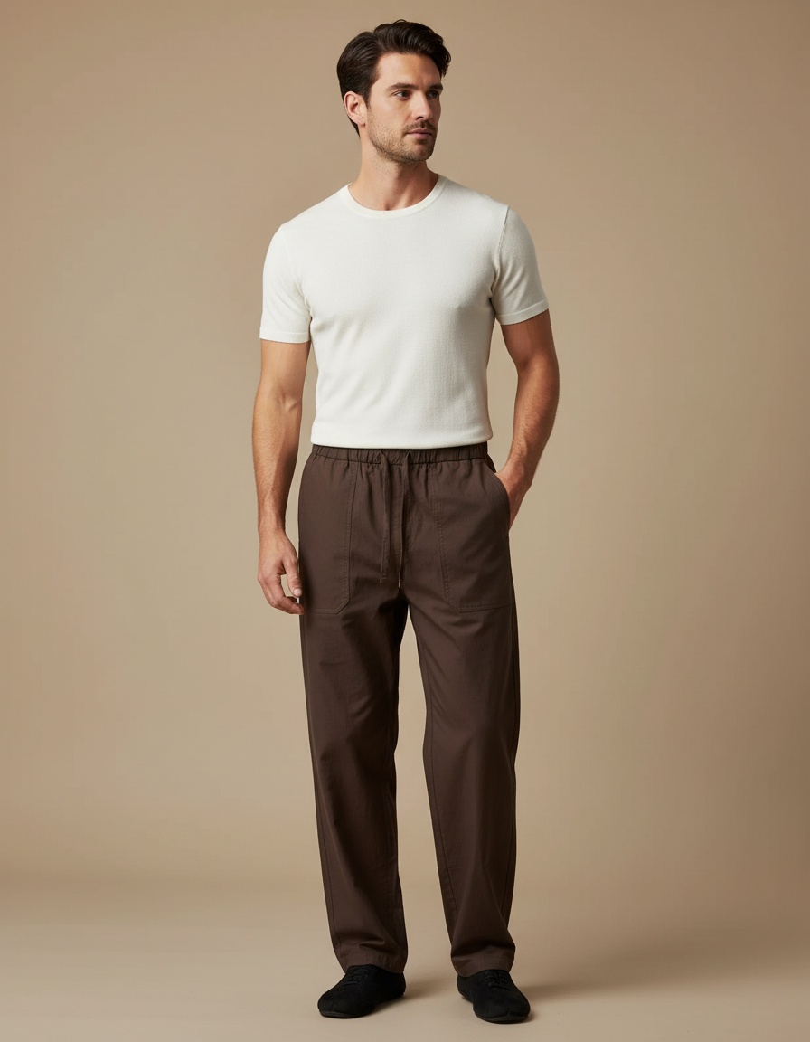 Pantalon Chinois Marron Coton Ample Décontracté Homme