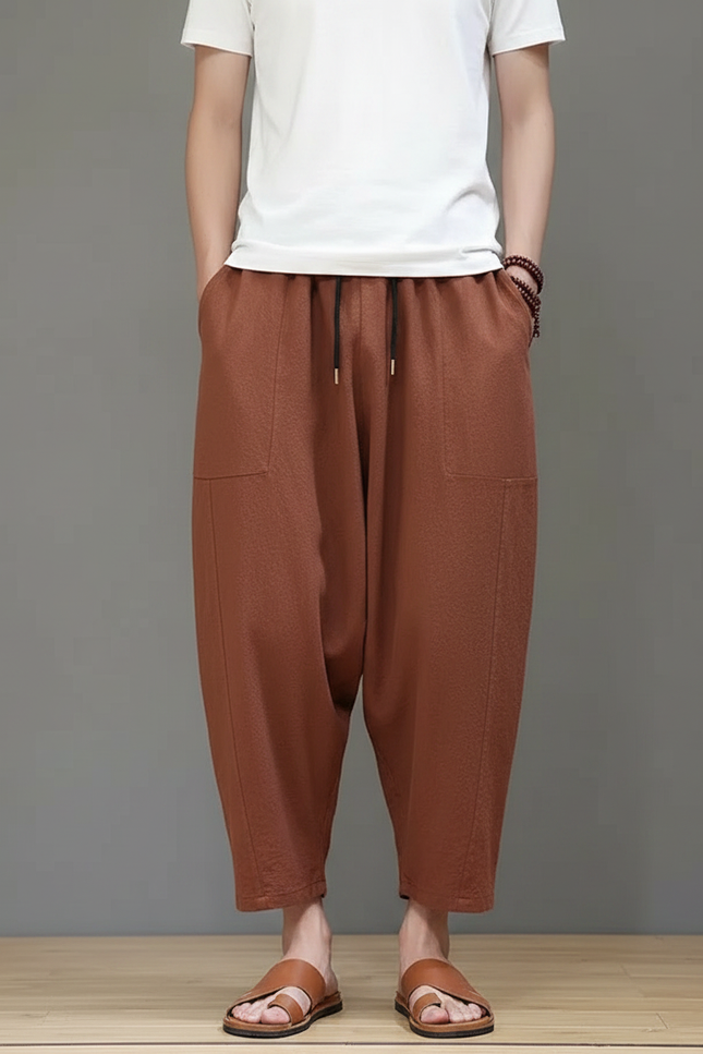 Pantalon Chinois Harem Ample Coton Marron Décontracté