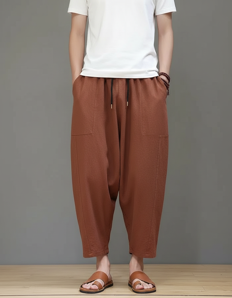 Pantalon Chinois Harem Ample Coton Marron Décontracté