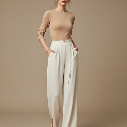 Pantalon Chinois Blanc Crème Taille Haute Fluide Chic - Viscose