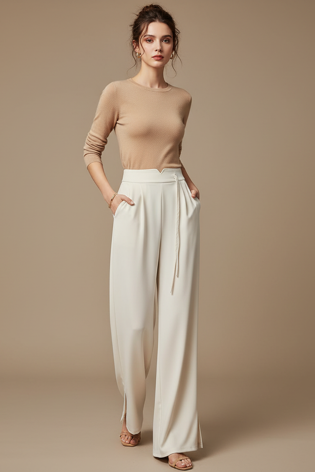 Pantalon Chinois Blanc Crème Taille Haute Fluide Chic - Viscose