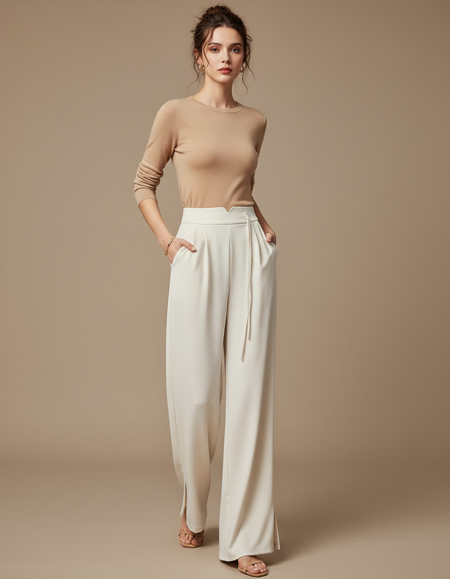 Pantalon Chinois Blanc Crème Taille Haute Fluide Chic - Viscose
