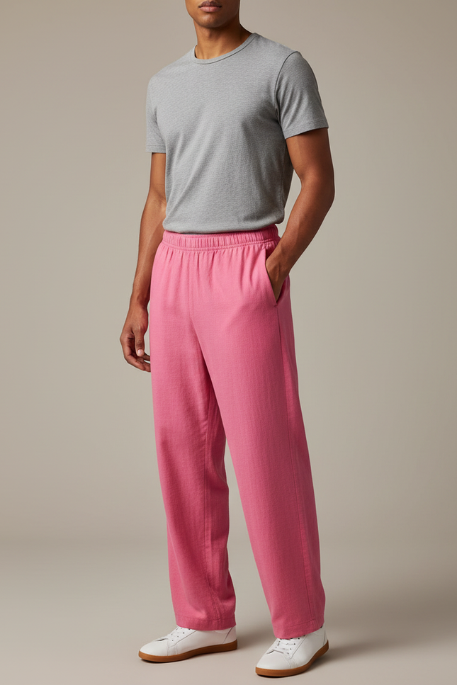 Pantalon Chinois Rose Ample Fluide Confortable Unisexe - Lin