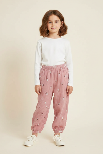 Pantalon Chinois Rose Mousseline Brodé Fluide Enfant - Coton
