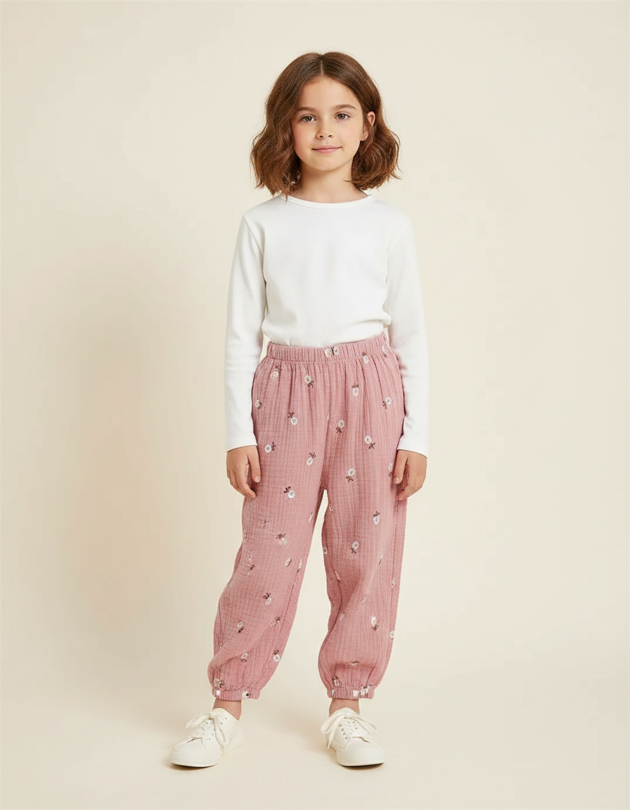 Pantalon Chinois Rose Mousseline Brodé Fluide Enfant - Coton