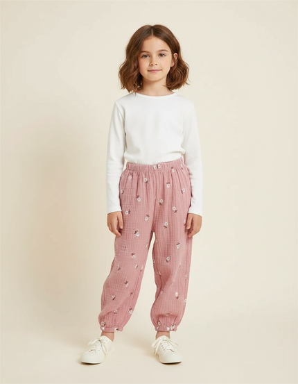 Pantalon Chinois Rose Mousseline Brodé Fluide Enfant - Coton