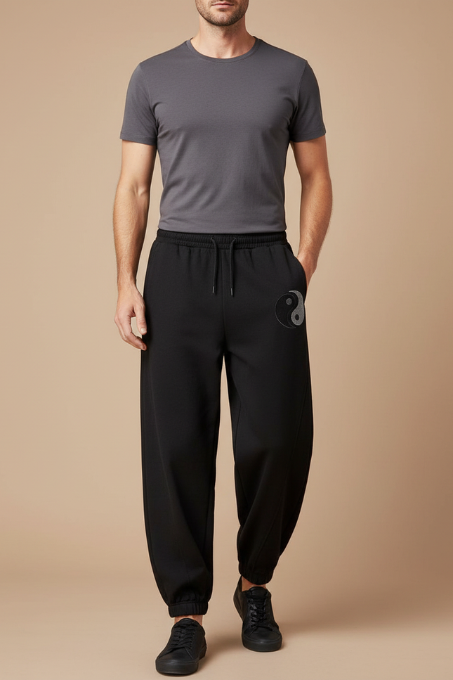 Pantalon Chinois Noir Ample Brodé Yin Yang Homme - Molleton