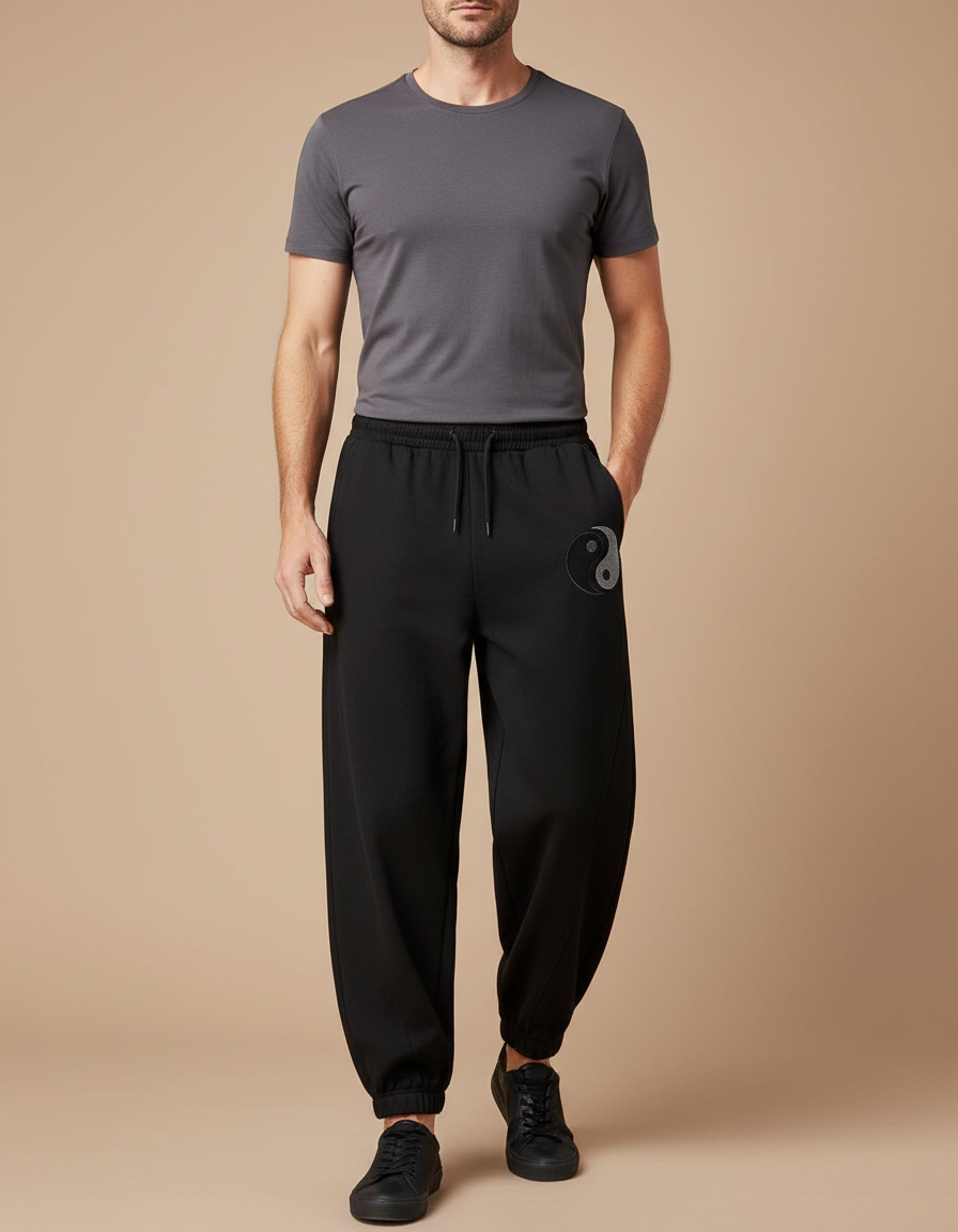 Pantalon Chinois Noir Ample Brodé Yin Yang Homme - Molleton