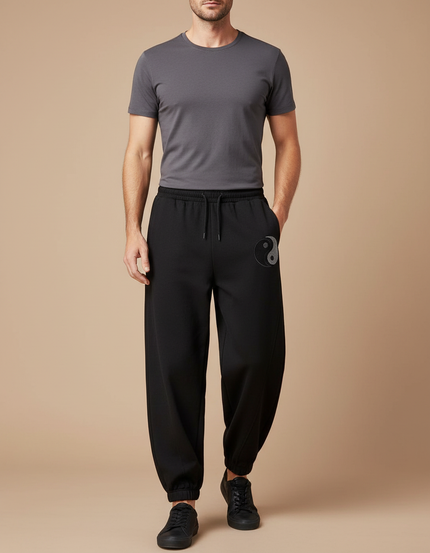 Pantalon Chinois Noir Ample Brodé Yin Yang Homme - Molleton