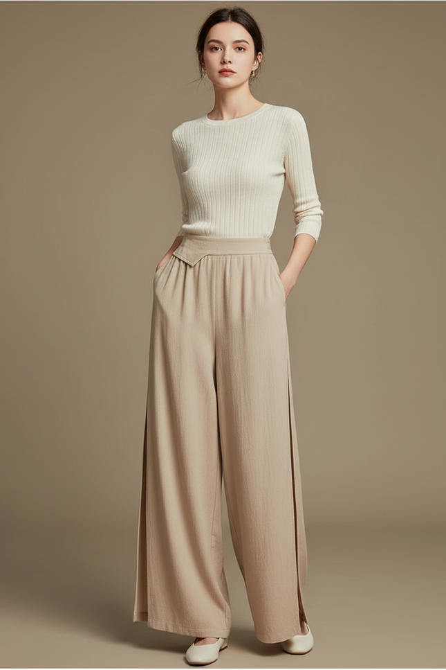 Pantalon Chinois Beige Fluide Ample Fendu Élégant - Lin
