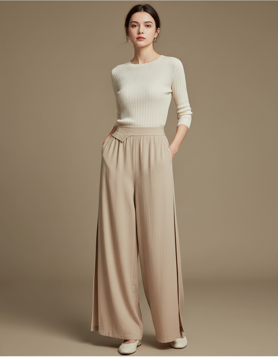 Pantalon Chinois Beige Fluide Ample Fendu Élégant - Lin
