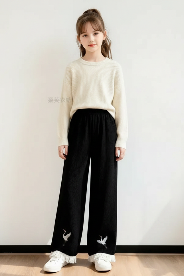 Pantalon Chinois Noir Brodé Frangé Ample Enfant - Maille