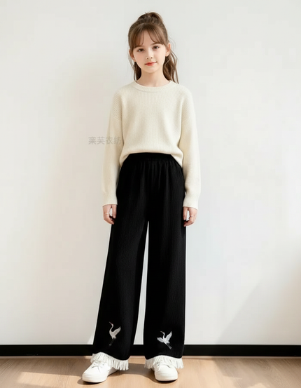 Pantalon Chinois Noir Brodé Frangé Ample Enfant - Maille