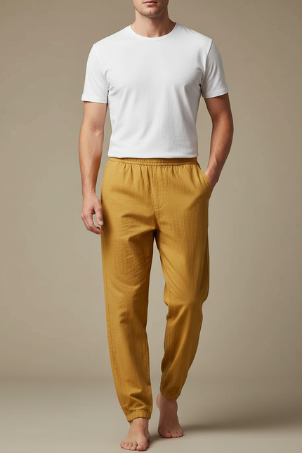 Pantalon Chinois Jaune Ample Coton Élastique Homme